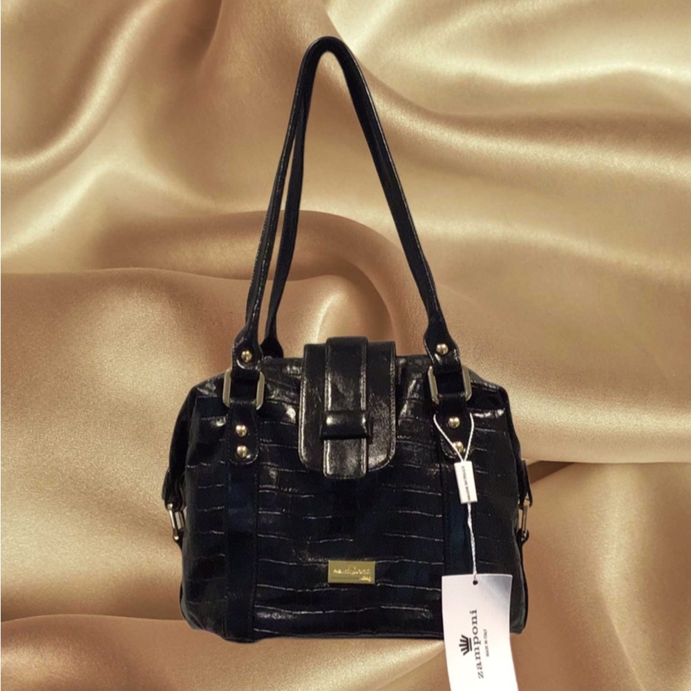 NEW ZAMPONI Moda Bucket Bag Secchiello Made in Italy, Black Croc Pattern - Picture 4 of 14